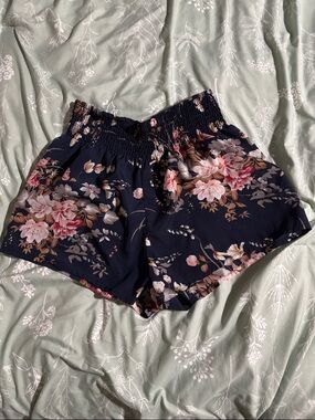 SHEIN Navy Floral High-Waist Smocked Shorts